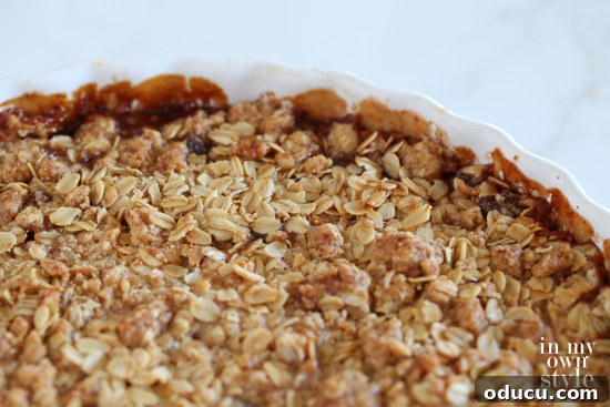 Freshly baked Old-Fashioned Apple Crisp, golden brown and bubbly, just out of the oven.