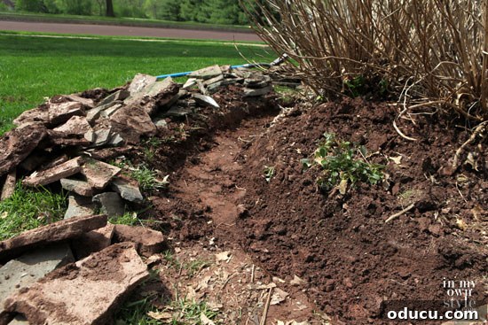 Trench dug for a garden wall tutorial, showing depth and width