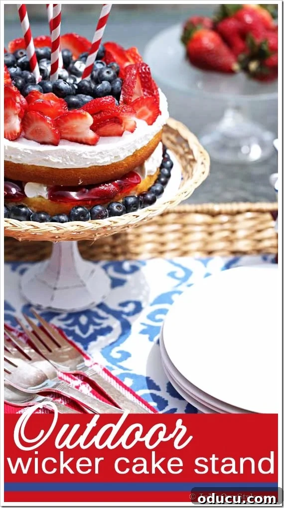 Stars, Stripes, and Sparkles: My Fourth of July Decor 3 DIY Dollar Store wicker-style cake stand, perfect for summer entertaining and 4th of July desserts.