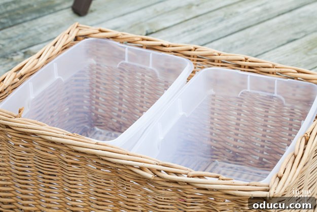 Portable Party Cooler 5 Plastic containers fitting snugly inside a basket for an outdoor beverage cooler