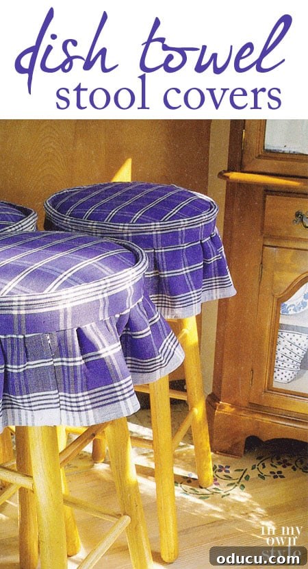 Colorful dishtowel stool covers transform plain kitchen stools, offering a fun and affordable decorating solution on a budget.