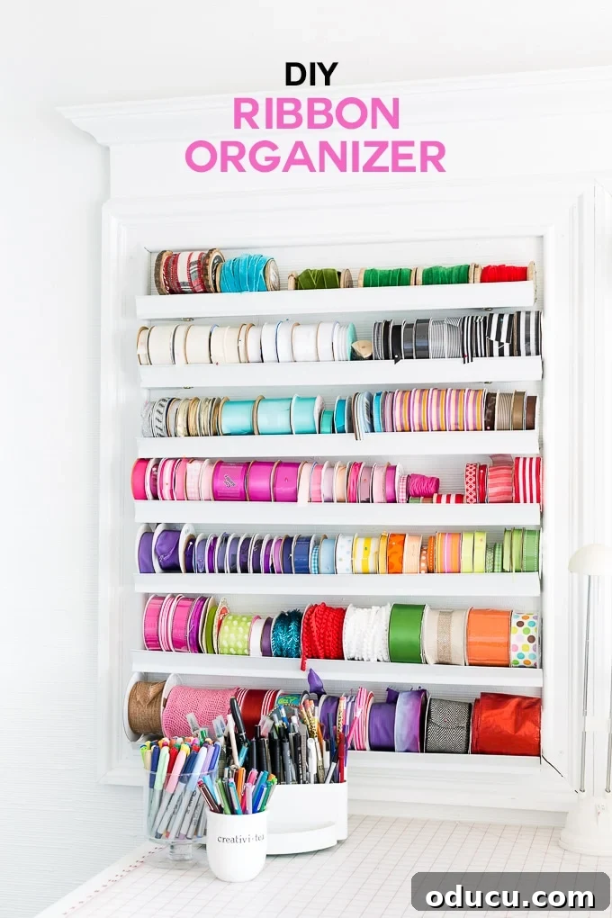 Ribbon Flair for Instant Home Style 2 Ribbon organizer on a wall with rows of rolls of colorful ribbons, perfect for craft room storage and easy access for DIY projects.