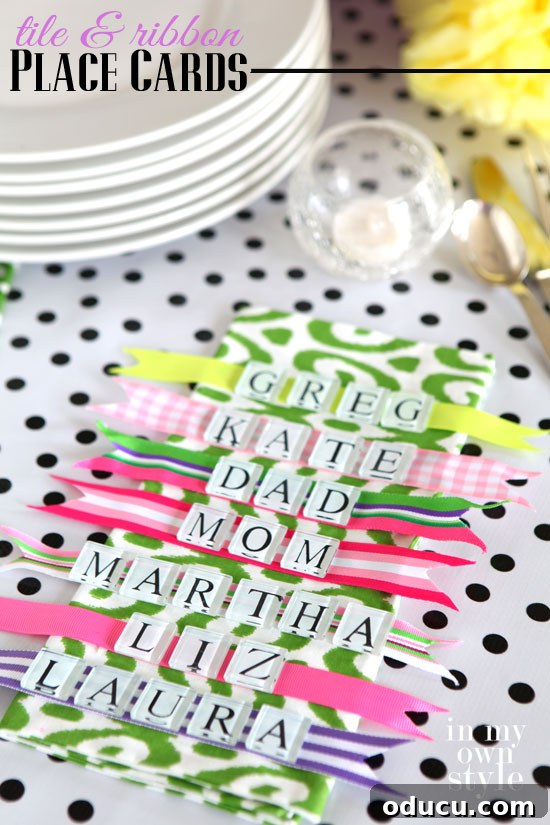 Ribbon Flair for Instant Home Style 15 White and black glass tile letters glued on colorful ribbons to create unique table place cards for a dinner party.