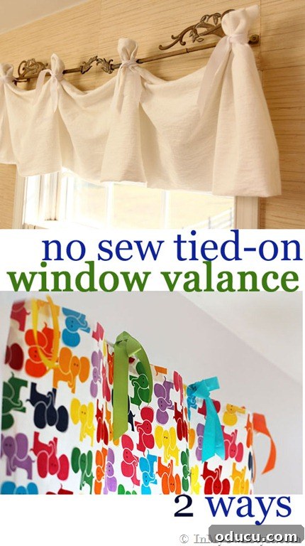 Ribbon Flair for Instant Home Style 17 No sew window treatments for kids' rooms hanging on two windows, featuring tied ribbon accents.