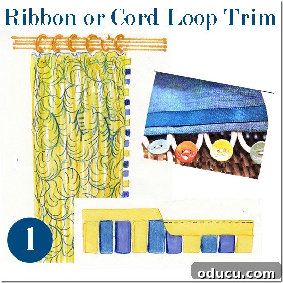 Ribbon Flair for Instant Home Style 18 Color illustration showing ideas on how to make your own decorative trim for curtains using ribbon and buttons.