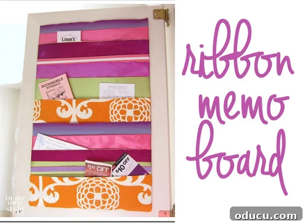 Ribbon Flair for Instant Home Style 20 Colorful Ribbon memo board inside a cabinet door, a decorative way to organize paper clutter.