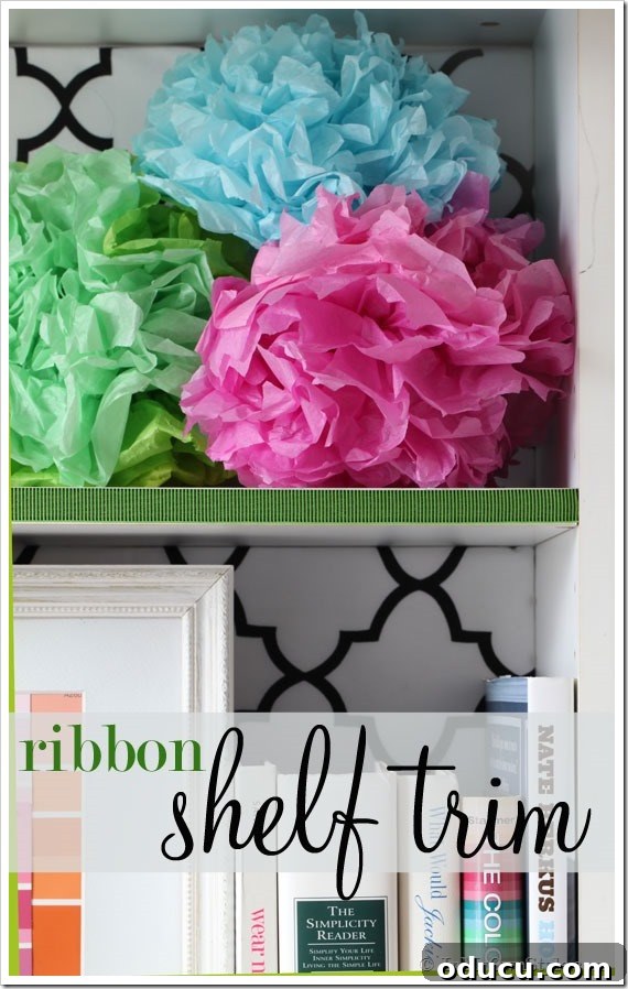 Ribbon Flair for Instant Home Style 4 Bookcase shelf with ribbon trim and colorful tissue paper flowers on the shelves, adding style and color to plain bookshelves.