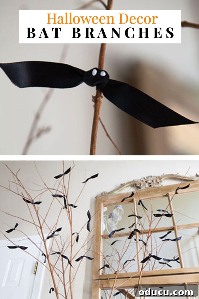 Ribbon Flair for Instant Home Style 8 Simple Halloween Decor: Black ribbon bats tied on tree branches, creating a festive display.