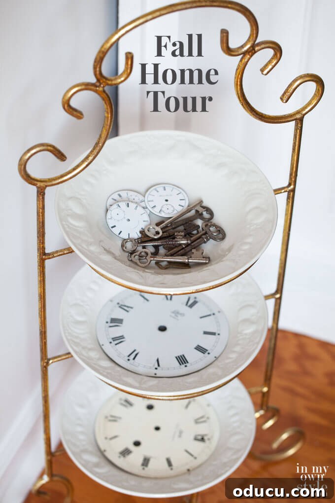 Fall Decor: Cozy Transformations for Every Room 3 Brass 3 tier plate stand with clock faces on it for fall home decorations