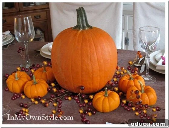 Effortless Autumn Pumpkin Decorating 21 A simple yet elegant fall table centerpiece using a mix of larger and mini pumpkins on a Thanksgiving table, with optional berry stems.