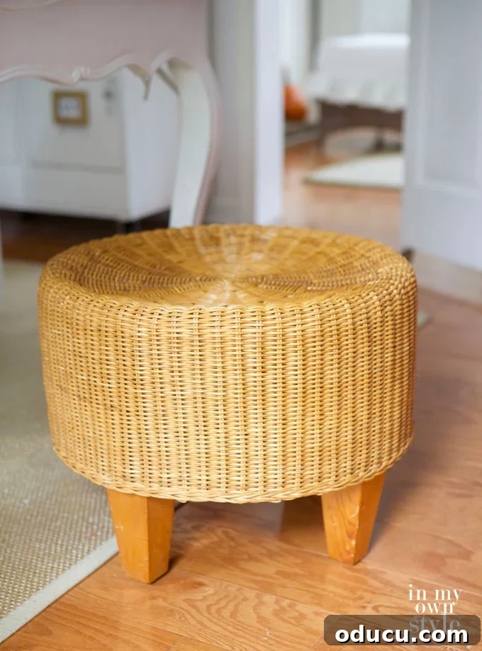 Stitching Ottoman Elegance 3 Thrift-store-find-wicker-ottoman