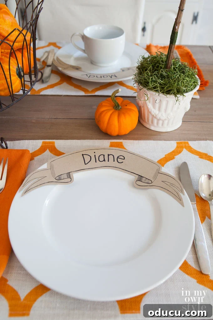 Printable Banner Dinner Place Cards 3 Affordable entertaining idea for setting a table with unique place cards that you place on dinner plates. Your guests will want to take them home.