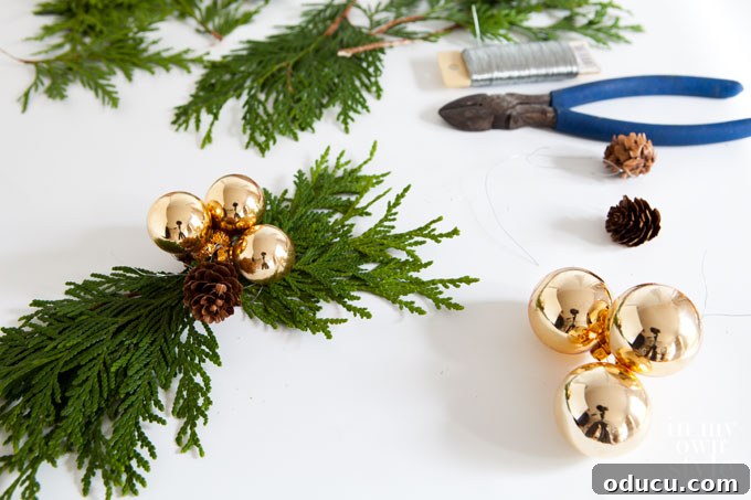 Christmas Garland making supplies: Greenery, ornaments, and wire