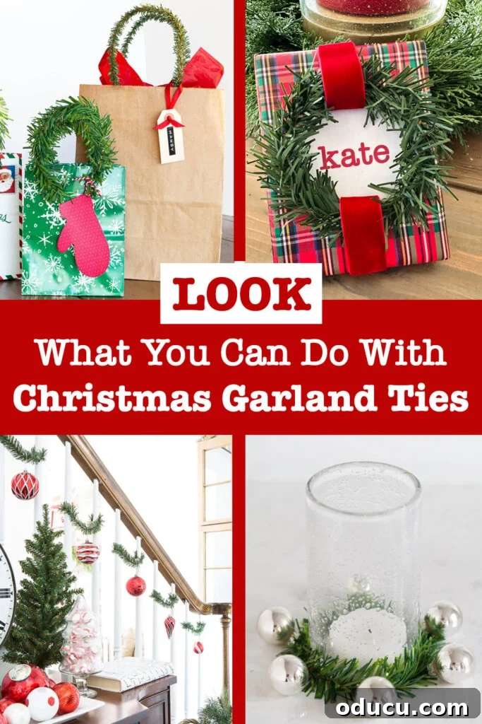 Photo showcasing 4 of 14 creative ideas using Christmas garland ties, with text overlay: 'Look what you can do with Christmas garland ties.'