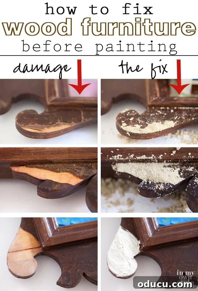 The Annie Sloan Secret to a Stunning Mirror Makeover 2 Detailed view of damaged wood veneer on furniture, illustrating areas to be fixed before painting.