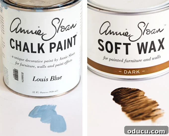 The Annie Sloan Secret to a Stunning Mirror Makeover 4 Annie Sloan Chalk Paint in Louis Blue with dark wax for an aged, farmhouse style furniture finish.