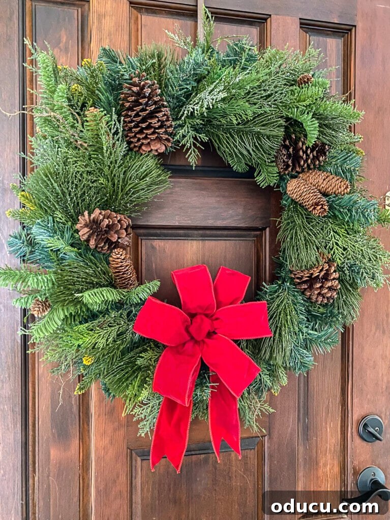 Mastering Ribbon Bows: Simple Steps for Gifts, Wreaths, and Decor 25 Evergreen wreath on door with red velvet wired ribbon bow.