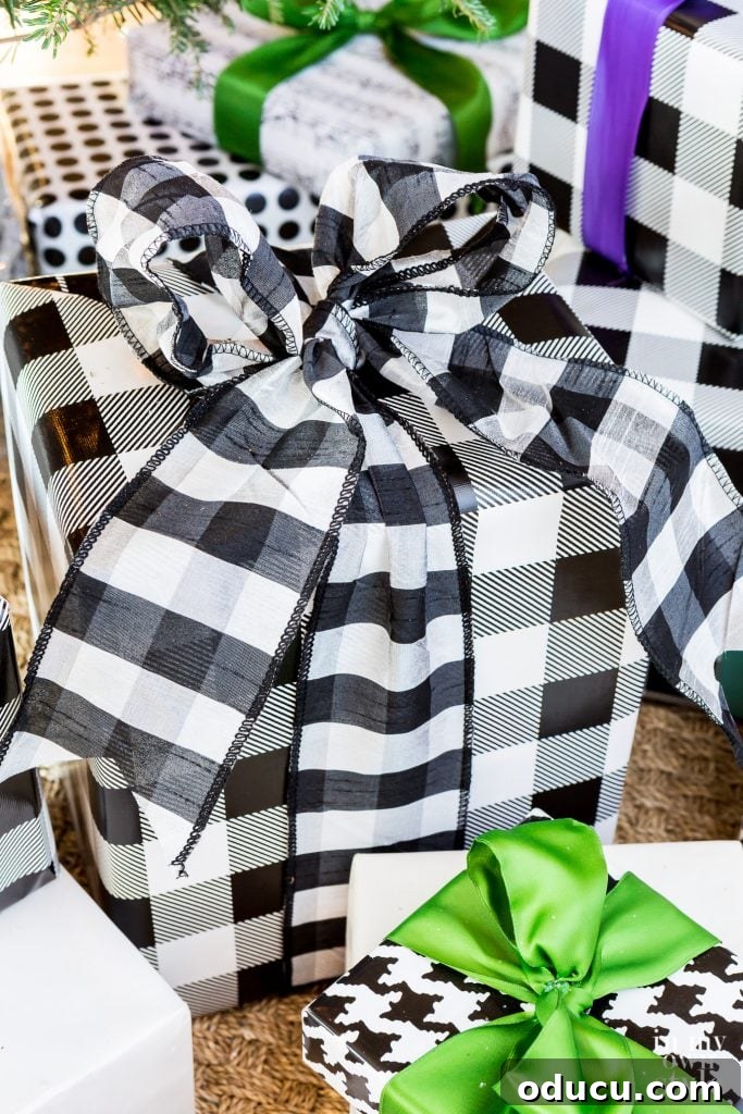 Mastering Ribbon Bows: Simple Steps for Gifts, Wreaths, and Decor 42 Black and white buffalo plaid ribbon on gift wrap of the same design