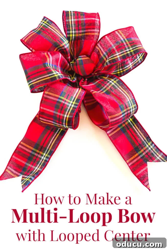 Mastering Ribbon Bows: Simple Steps for Gifts, Wreaths, and Decor 45 Red plaid ribbon bow for a wreath - Text overlay says How to make a multi loop bow with looped center