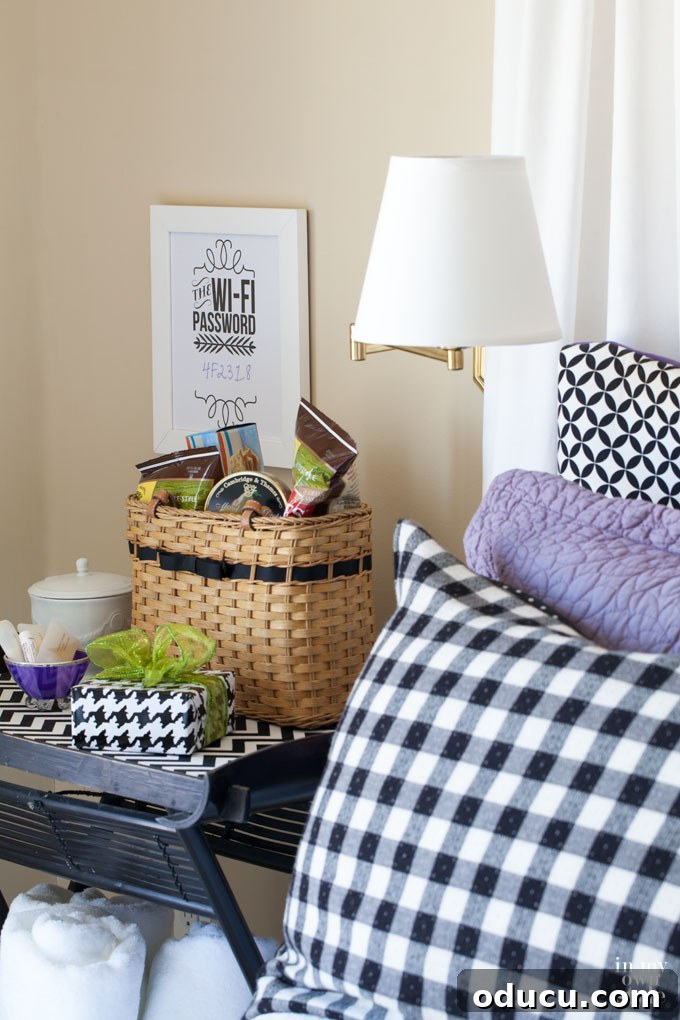 Your Welcome Space Awaits 6 Guest-Bedroom-Decorating-ideas-for-overnight-guests - A cozy guest bedroom with a basket of snacks