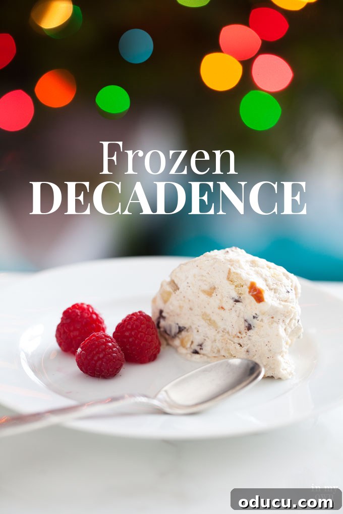 Festive Semifreddo Delight 4 Frozen decadence: Christmas Semifreddo on a white plate with fresh raspberries and a spoon, surrounded by twinkling Christmas lights.
