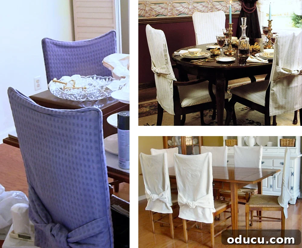 Transform Your Dining Chairs with Easy DIY Slipcovers 3 3 examples of DIY dining room chair back covers to make. Showcasing different fabrics and styles for a personalized dining chair makeover.