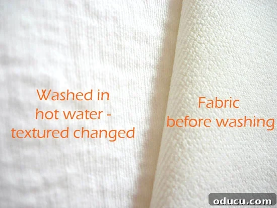 Transform Your Dining Chairs with Easy DIY Slipcovers 8 Photo showing fabric before and after shots of changes after washing and drying. Demonstrating the importance of pre-shrinking fabric for a successful slipcover project.