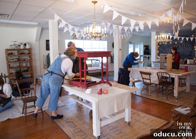 Transform Your Furniture with Miss Mustard Seed Milk Paint 3 Painting furniture with Miss Mustard Seed's Milk Paint during a workshop session