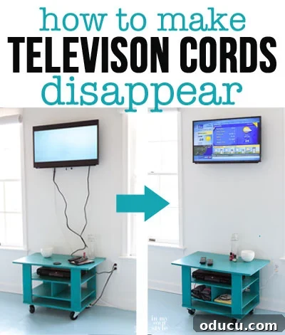 Using an inexpensive kit will let you easily hide cords and exposed wires coming from a wall mounted TV and electronics. #wallmountedTV #hidecords #TV #DIY Image graphic showingTV wires showing before and after TV cord hiding kit was installed in the wall.