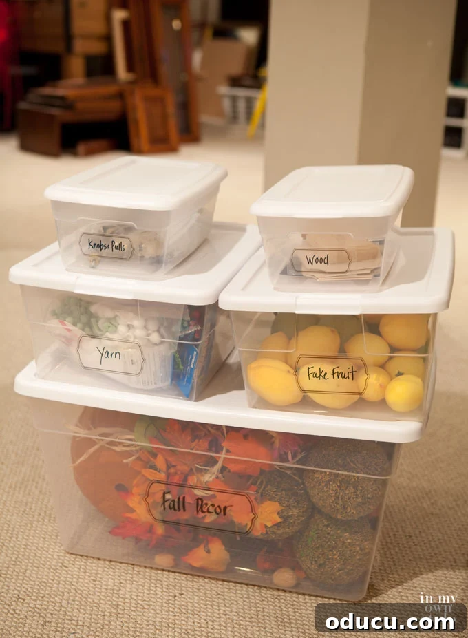 Master Your Basement: Declutter Once, Stay Organized Always 5 Labeled storage containers with free printable labels
