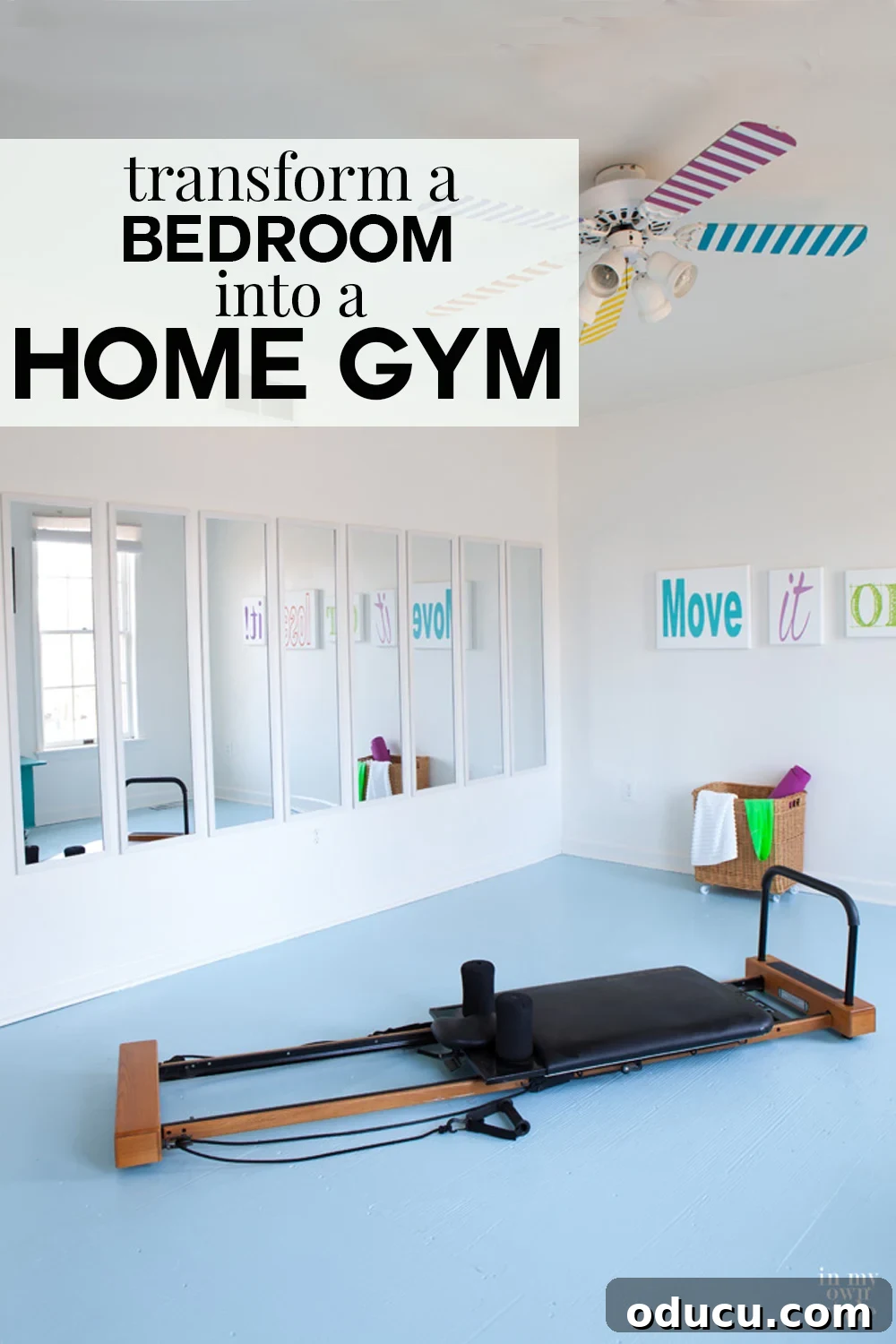 Fitness Room Transformation 19 Bedroom turned into a spacious fitness room with full length mirrors on the wall.