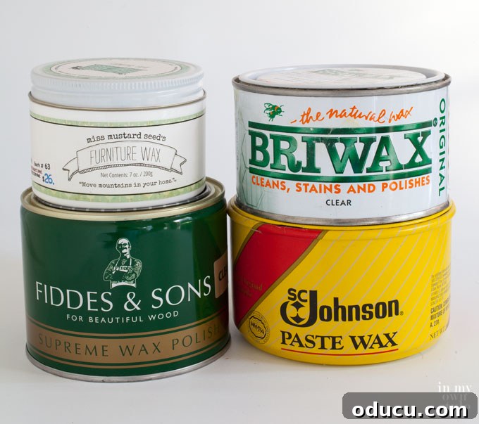 Selection of the best furniture waxes for use over chalk paint, emphasizing clear waxes for modern finishes.