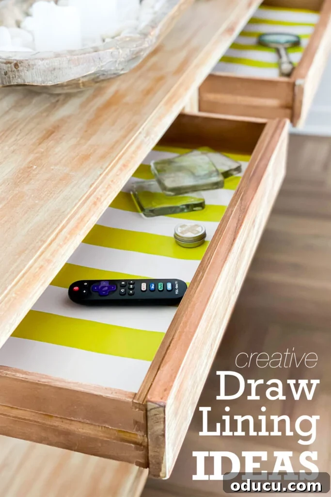 Line Your Drawers Like a Pro: The Easy Trick 6 wood console table with green and white striped drawer liners