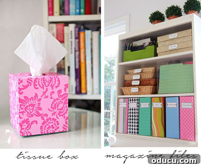 Gift Wrap Chic: Stylish Home Decor on a Budget 3 Affordable home decorating ideas using gift wrap, including custom tissue box covers for stylish organization.