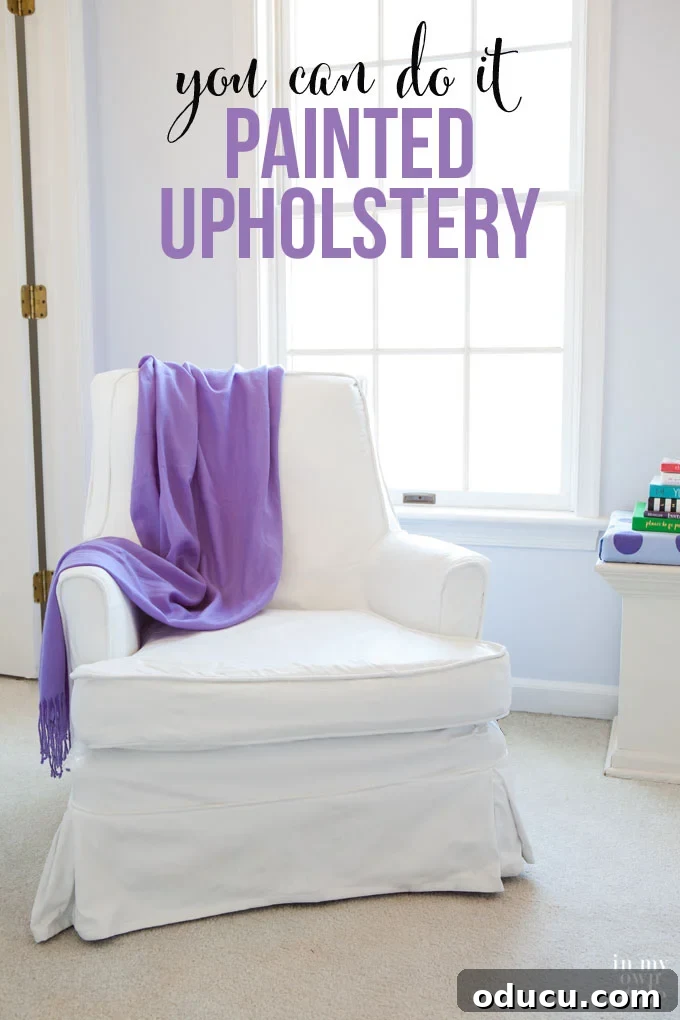 This is such an affordable way to update upholstery you don't like or is outdated. Before and after furniture makeover where fabric upholstery was painted. It looks amazing and feels and looks like a leather chair now. Paint recipe and tutorial | In My Own Style