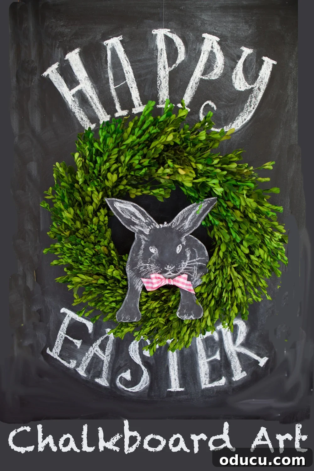 Elevate Your Easter Decor with 3D Chalk Art 15 Easter Chalkboard art idea using a 3D wreath as part of the design.