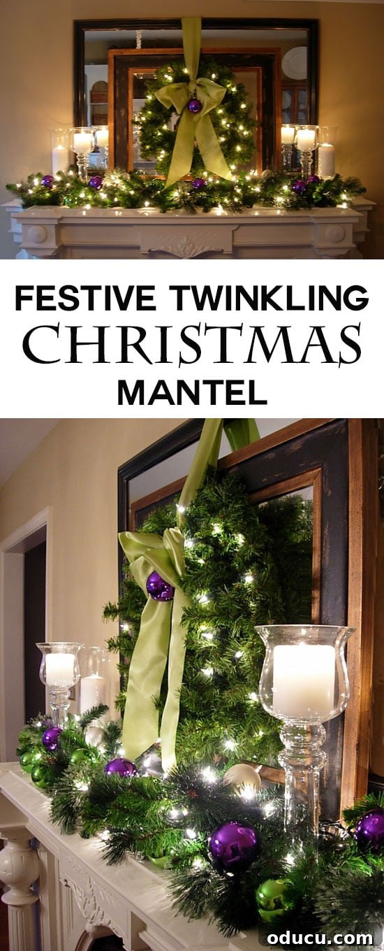 Sparkling Holiday Mantel Inspiration 2 Christmas mantel decorating idea that has twinkling lights and ornaments