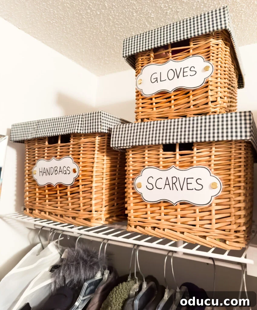 Budget Closet Hacks 10 Clothes closet organizing ideas using stackable baskets with DIY labels