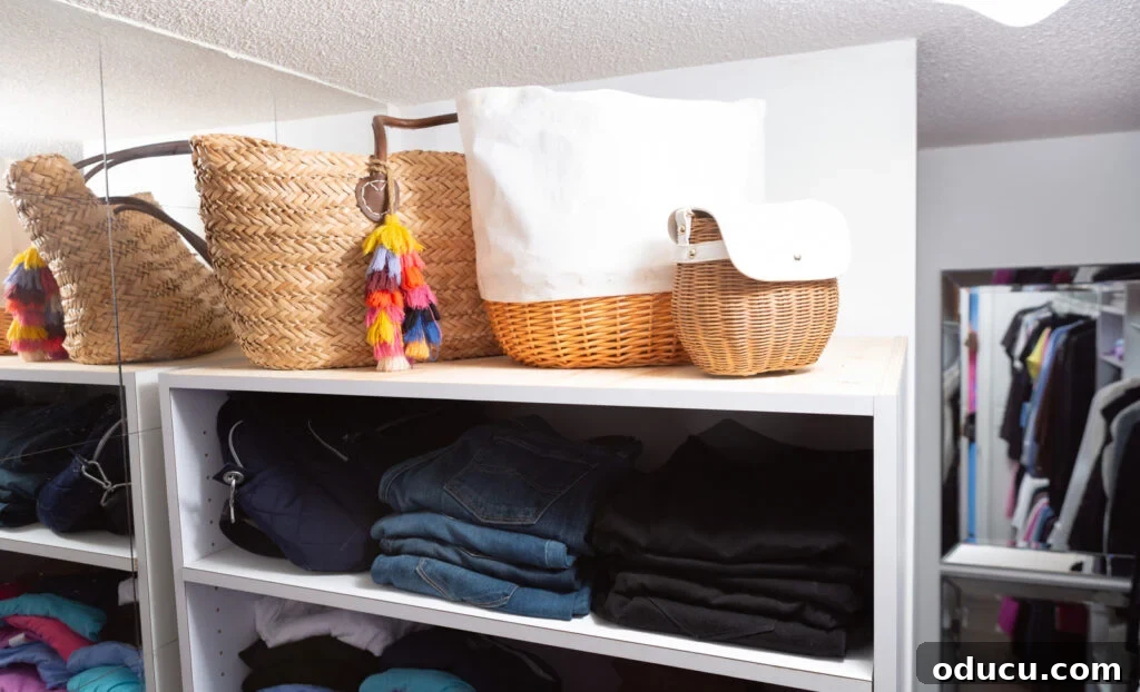 Budget Closet Hacks 13 Handbags and totes neatly arranged on a built-in closet organizer