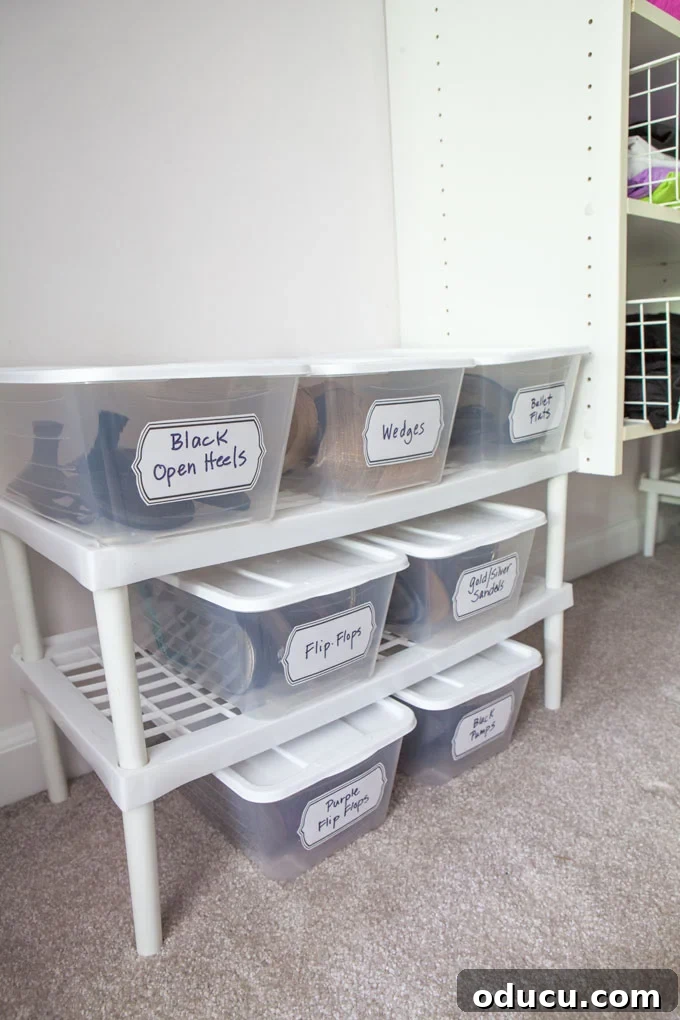 Clothes closet makeover on a budget Closet makeover on a budget using stacking shoe racks and clear containers