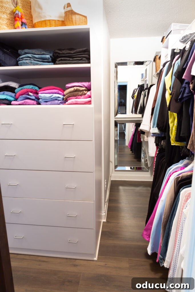 Budget Closet Hacks 6 Full view of a walk-in closet after cleaning and reorganizing, showing added mirrors