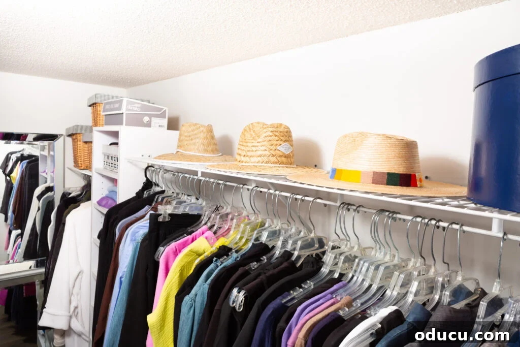 Budget Closet Hacks 9 Three hats and a hatbox on a closet shelf