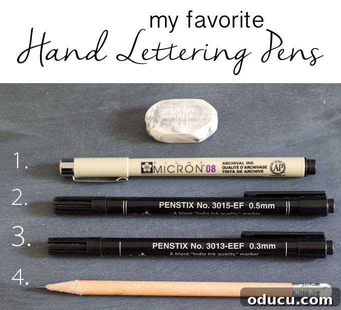 The Art of Hand Lettering: Designing Personalized Cards and Envelopes 4 A selection of the best fine-tipped pens and a soft eraser ideal for achieving beautiful hand lettering on cards and envelopes.