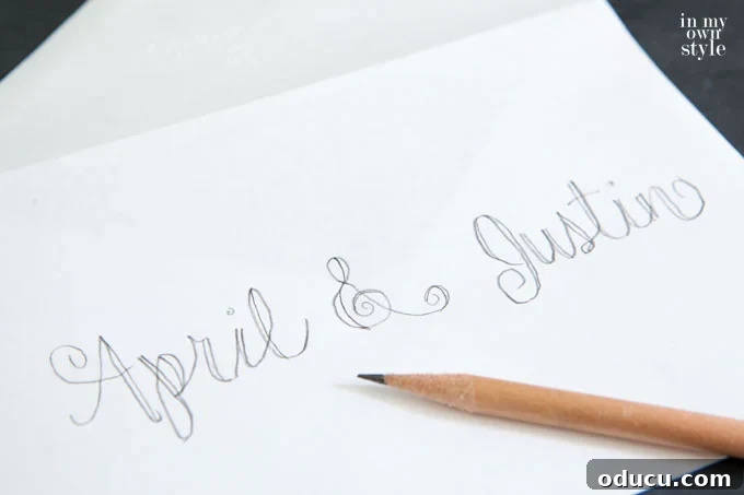 The Art of Hand Lettering: Designing Personalized Cards and Envelopes 7 A DIY tutorial image illustrating the widening of downstrokes in hand lettering for wedding cards, transforming simple letters into elegant script.