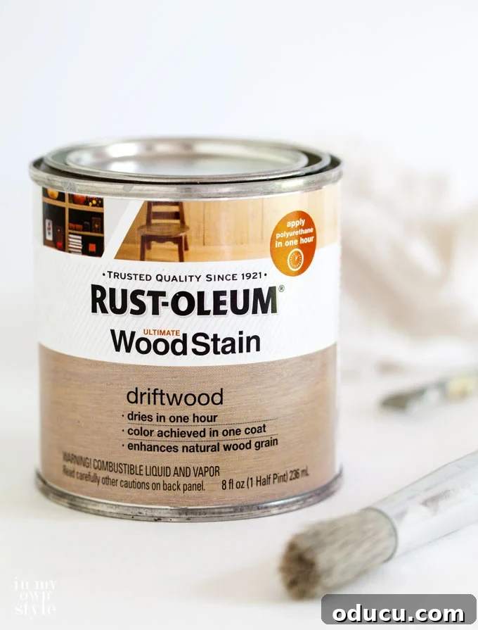 Rustoleum Driftwood stain can, essential for achieving a lightened, modern finish on rush seats.