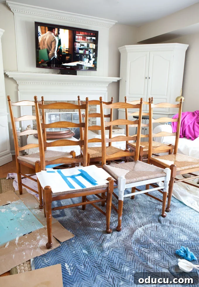 Breathing New Life Into Dining Chairs 4 Close-up of dining room chairs showing their condition before painting.
