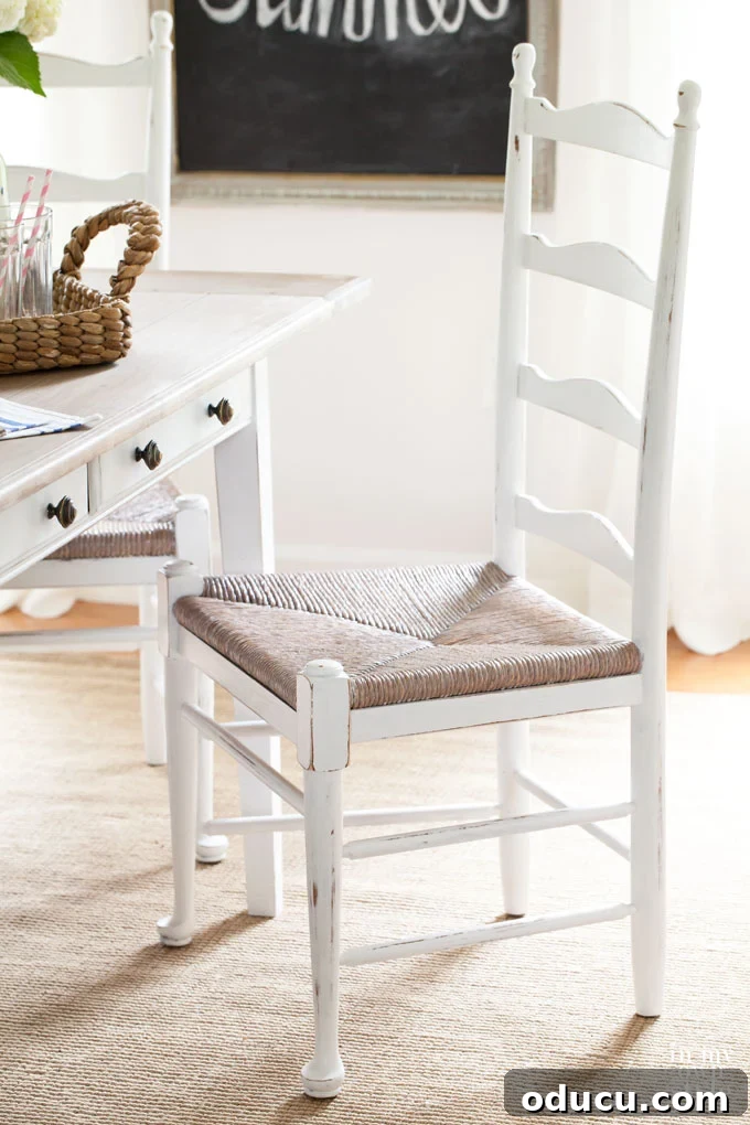 Breathing New Life Into Dining Chairs 5 Beautifully completed dining room chalk-painted chair makeover, showcasing the new light finish.