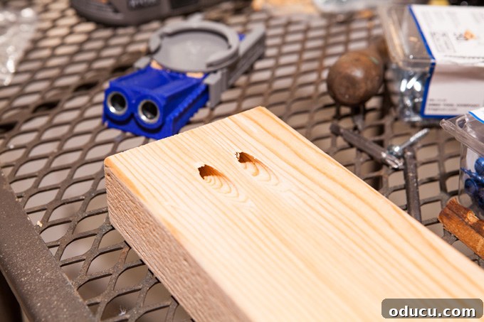 Reborn Reflection Coffee Table 3 Demonstration of using a Kreg Pocket Hole Jig to create strong wood joints for the coffee table base.