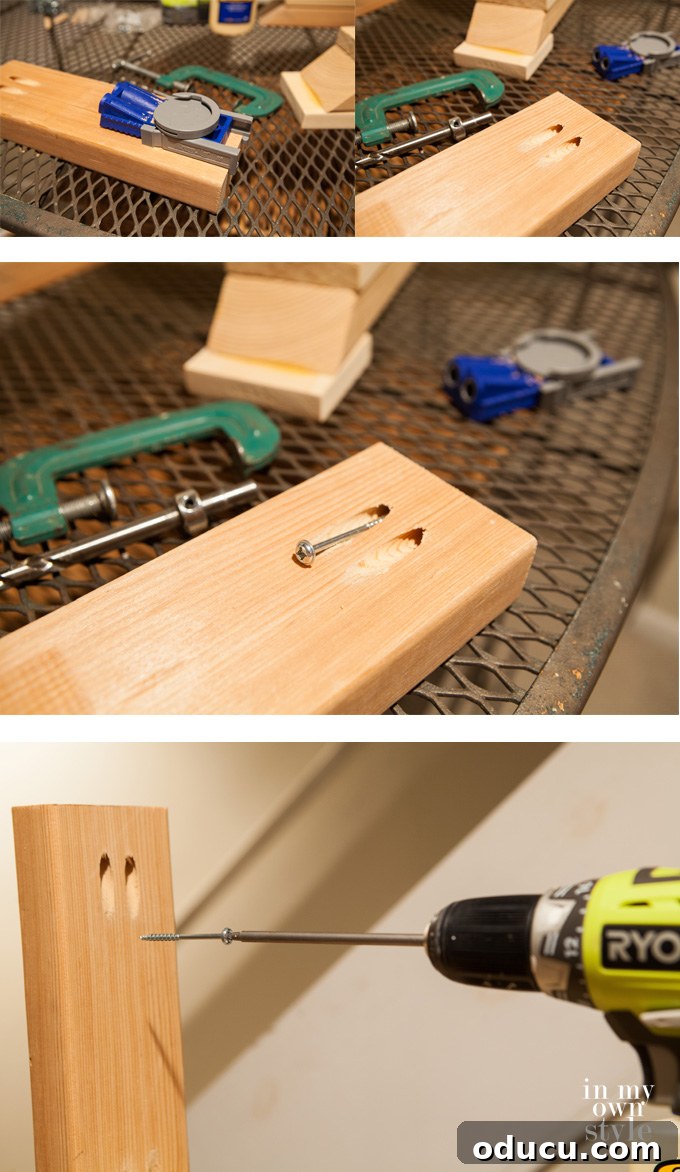 Reborn Reflection Coffee Table 4 Step-by-step guide on how to drill a pocket hole using a Kreg Jig, ensuring secure and hidden fasteners.