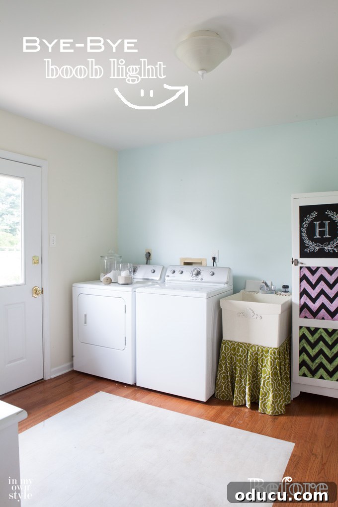 Paint Your Ceiling Light Fixture for a Brand New Look 2 Before shot of the mudroom ceiling light fixture, showing an outdated fixture